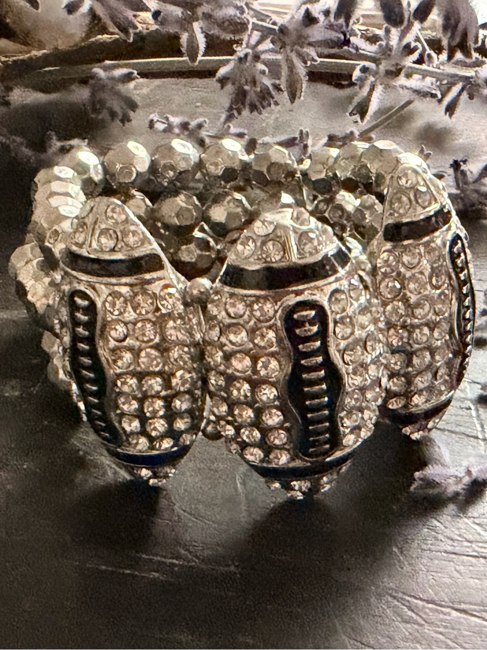 Silver Black Stretch Football Bracelet with Rhinestone Round Beads, Sports